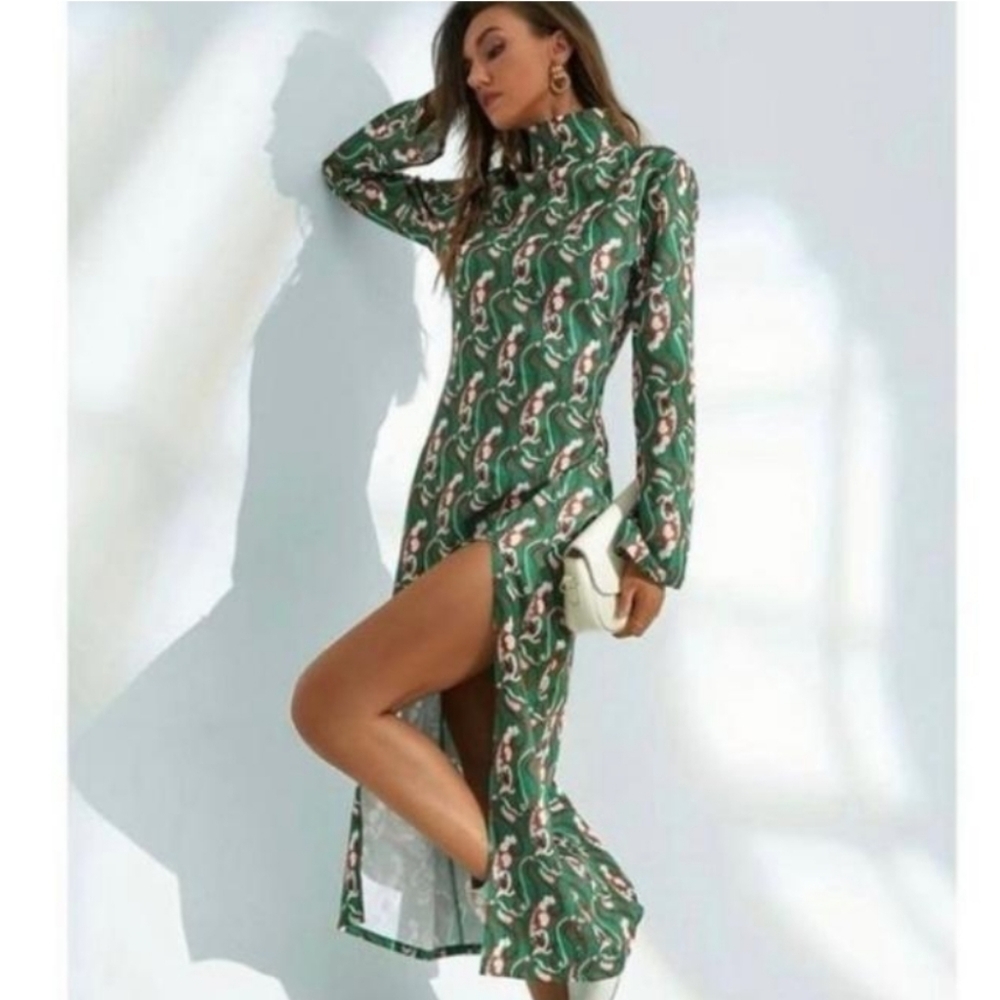 Zara Green Printed Slit Midi Night Out Dress Size Small - Picture 13 of 15